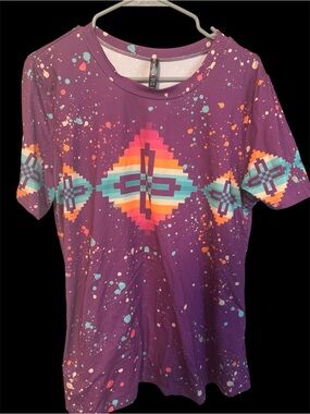 Crazy Train Purple Short Sleeve Tee with Turquoise, Orange & Pink Aztec Graphic
